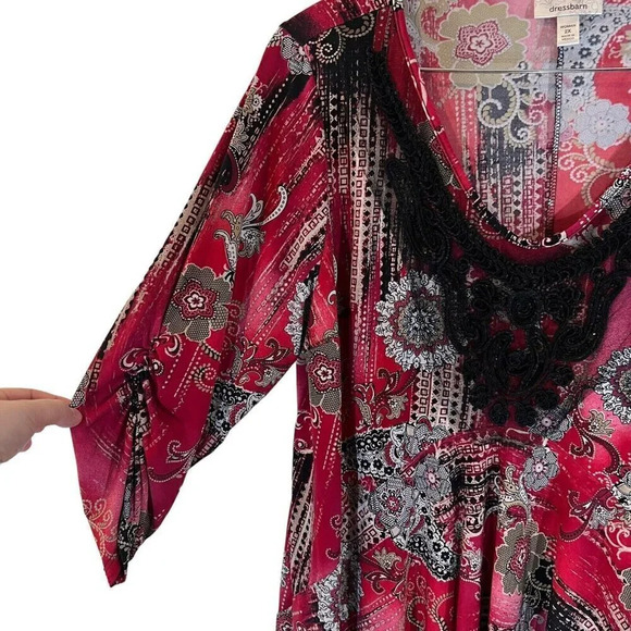 Dressbarn Embellished Trim Tunic Plus 2X Floral Sequins 3/4 Ruched Sleeves Flowy - Picture 5 of 11